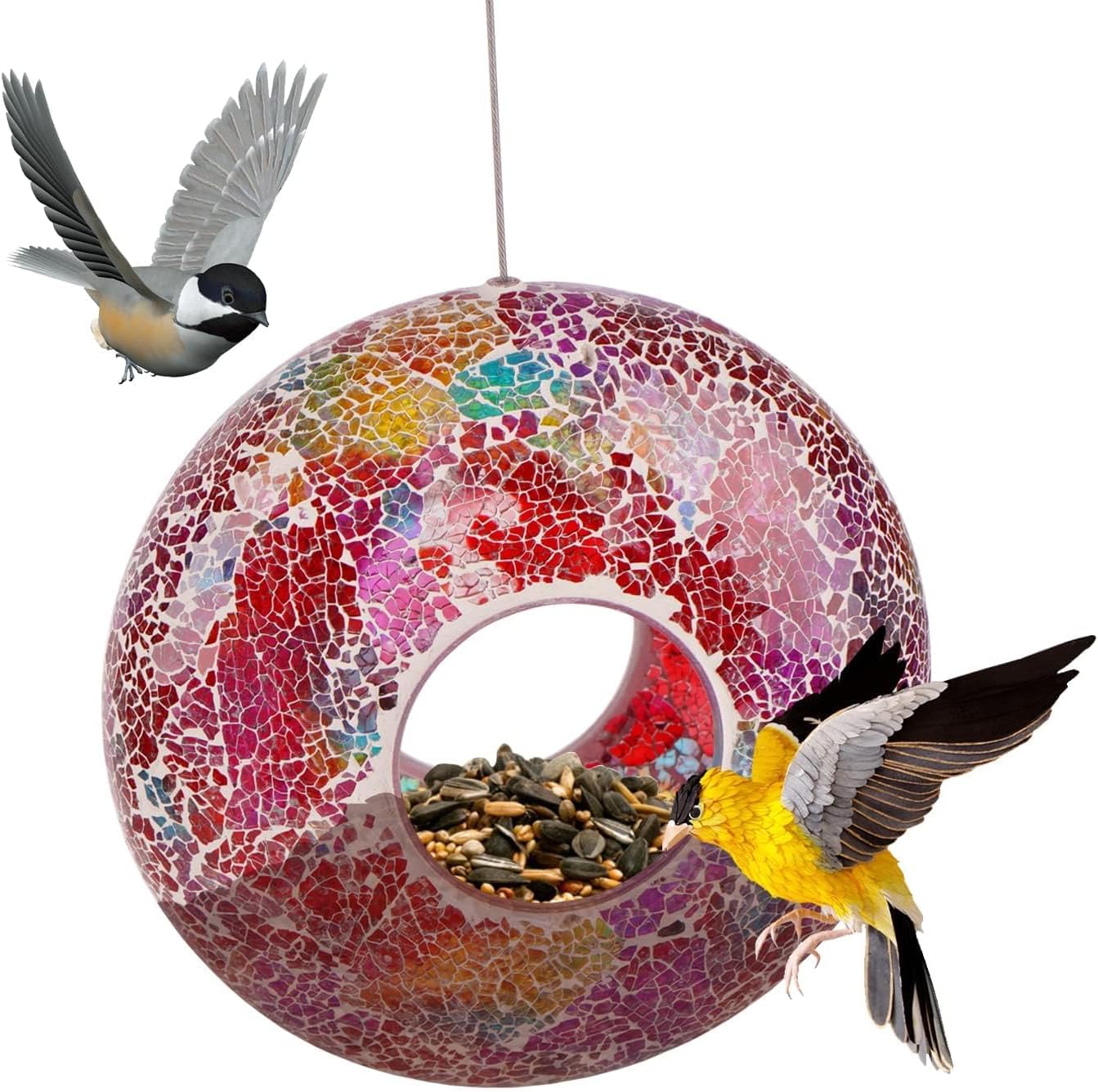Mosaic Bird Feeder Outdoor Fly Through Wild Hanging Glass Design Birdfeeder for Garden