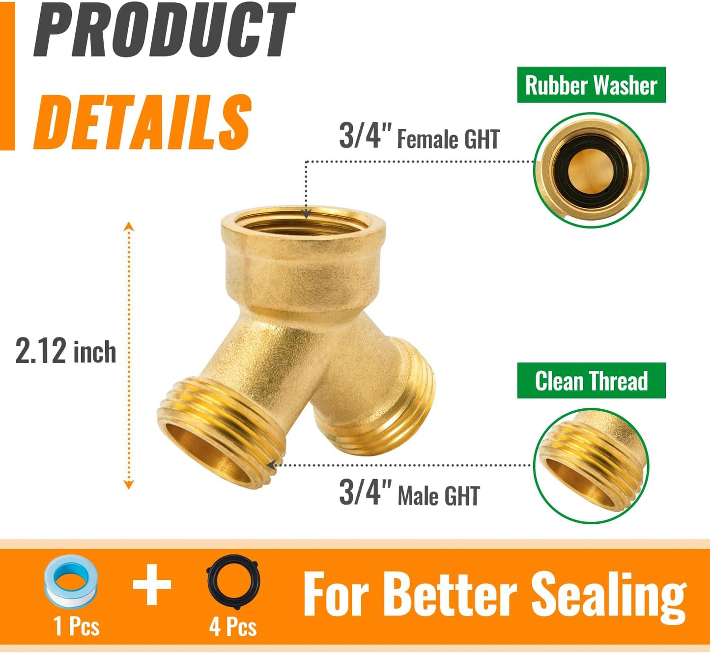 SUNGATOR 3/4 Inch GHT Y Valve, 2 Way Heavy Duty Brass Garden Hose Splitter, 3/4'' GHT Garden Hose Bib Splitters, Brass Y Valves with Extra 8 Rubber Washers, 1 Sealing Tape (4-Pack)