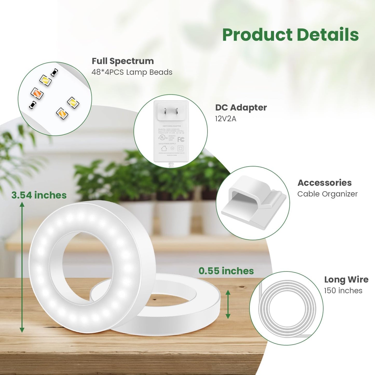 Small Grow Lights for Indoor Plants, 192 LEDs Full Spectrum Plant Grow Light with DC Adapter, 6/12/16H Timer, 3 Color Modes, 5 Brightness Levels, 3.5" Growing Lamp for Small Plants (4-Head)