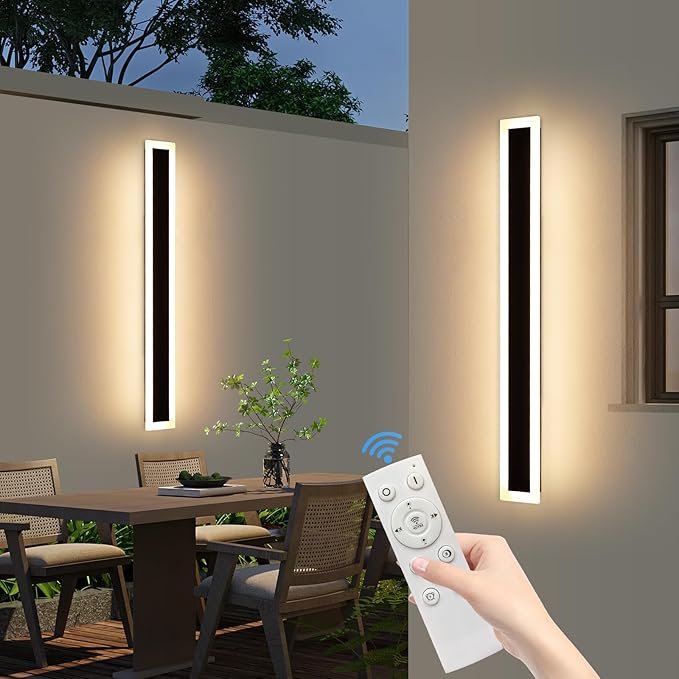Upgrade Widened 2 Pack Modern Outdoor Wall Sconce, 47.2inch Dimmable Exterior LED Light Fixture 3000K-6000K, IP65 Waterproof, Black Wall Mounted Lamp for Balcony, Garden, Shop with Remote Control