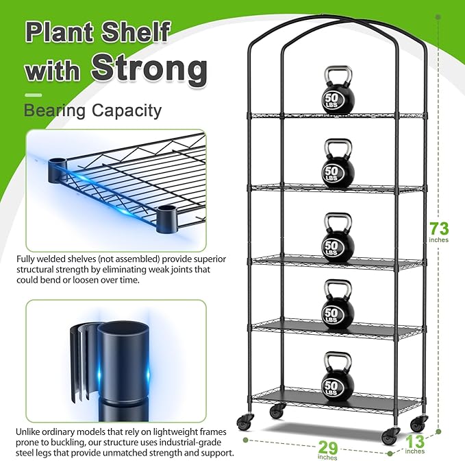 Abimars 5-Tier Greenhouse with Grow Light, Shelf Height Adjustable Metal Plant Shelf with PVC Cover and Wheels, Includes 5-Pack 2900K Full Spectrum Plant Lights, 13x29x73inch