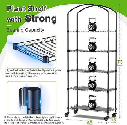 Abimars 5-Tier Greenhouse with Grow Light, Shelf Height Adjustable Metal Plant Shelf with PVC Cover and Wheels, Includes 5-Pack 2900K Full Spectrum Plant Lights, 13x29x73inch