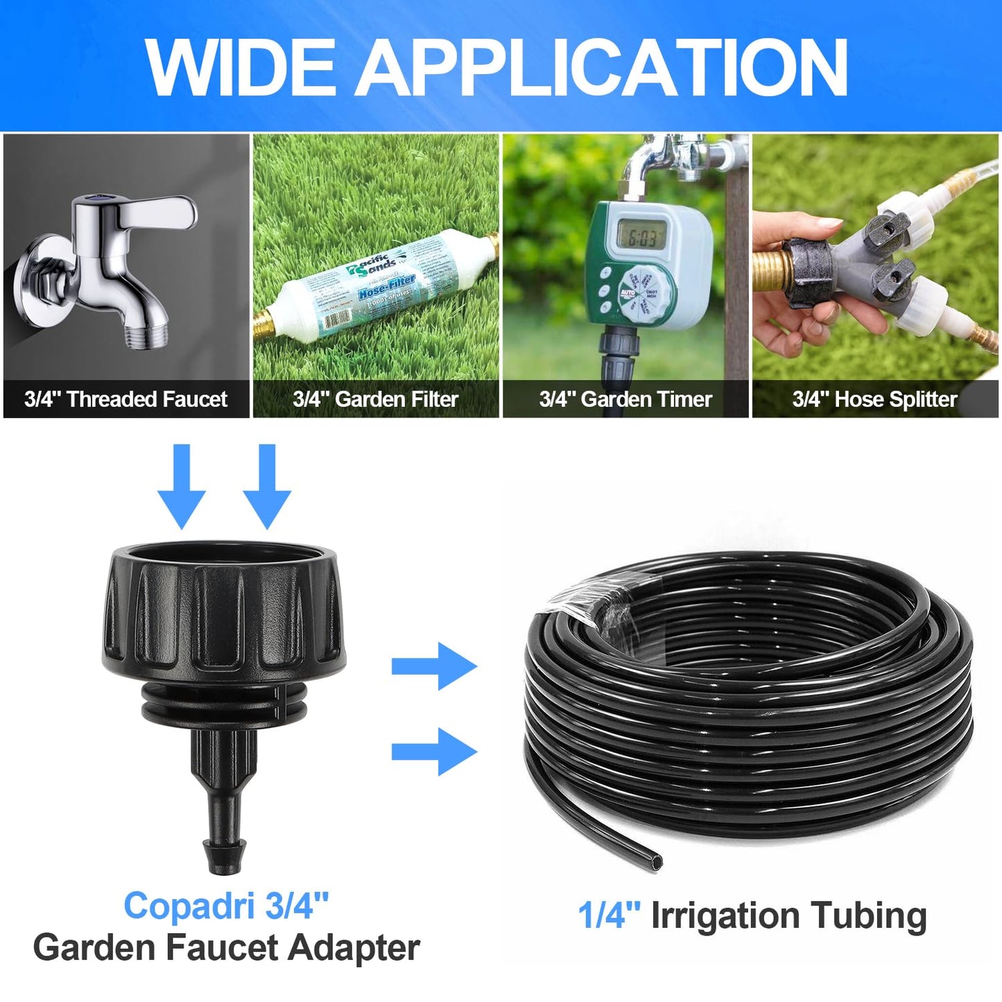 Universal 3/4 Inch Female Pipe Thread to 1/4 Inch Drip Irrigation Tubing Adapter, 8 Pack 1/4 In. Barbed Drip Line x 3/4 In. Faucet PVC Adapter Connect 3/4" FHT Garden Faucet Hose Bibb