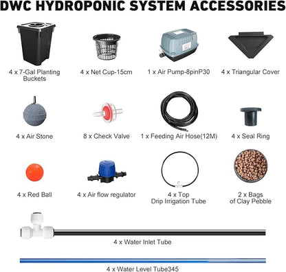 4 Buckets DWC Hydroponics Growing System with Top Drip Kit 7 Gallon Deep Water Culture Bucket System with Air Pump, Air Stone, Air Hose, Recirculating Drip Garden System