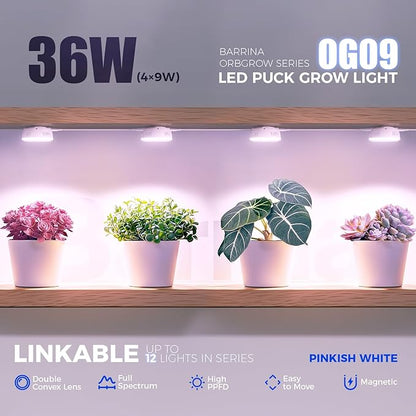 Barrina Orbgrow OG09 Puck Grow Light with Timer, Pinkish White 36W(4 x 9W, 540 Watt Equiv), Full Spectrum Plant Light for Indoor Plants, Magnetic & Linkable, 5 Levels Dimmable for Plant Shelf, 4 Packs