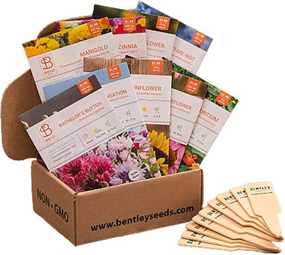 Seed Starter Kit – Flowers | Non-GMO | Heirloom Seed Packets | Natural Wood Row Markers