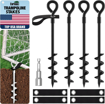 Eurmax USA Trampoline Stakes Screw in Tent Stakes Parts Heavy Duty for Canopies,4-Pack Outdoor Anchor Kit with Straps(Black)