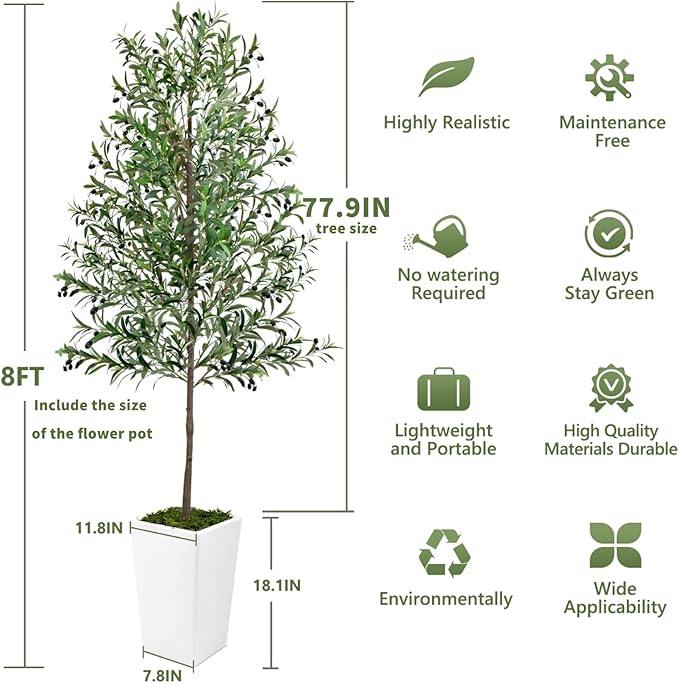 Olive Trees Artificial Indoor 8ft, 2 PCS Tall Faux Silk Plant with Pot, Realistic Leaves and Natural Wood Trunk Fake Trees with Lifelike Fruits for Home Office Decor Bedroom Livingroom Entryway