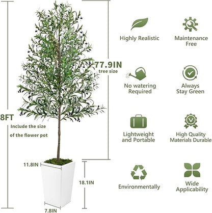 Olive Trees Artificial Indoor 8ft, Tall Faux Silk Plant with Pot, Realistic Leaves and Natural Wood Trunk Fake Trees with Lifelike Fruits for Home Office Decor Bedroom Livingroom Entryway Housewarming