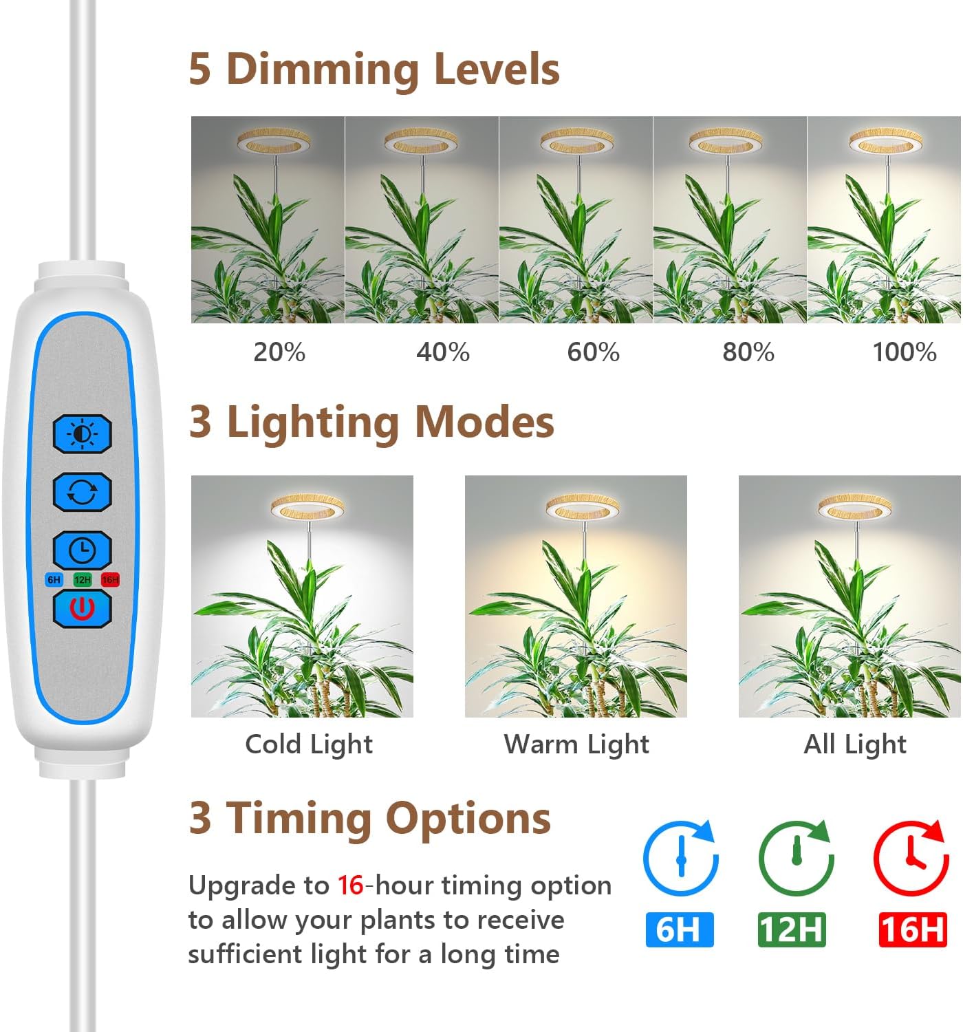 Grow Lights for Indoor Plants, Full Spectrum Plant Lights for Indoor Growing with 6/12/16H Timer, 3 Optional Spectrums, 5 Brightness, Height Adjustable 10"-65" Faux Wood Grain Growing Lamp