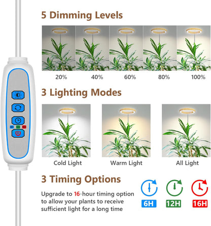 Grow Lights for Indoor Plants, Full Spectrum Plant Lights for Indoor Growing, Height Adjustable 10"-65" Faux Wood Grain Grow Lamp with 6/12/16H Timer, 3 Optional Spectrums, 5 Brightness
