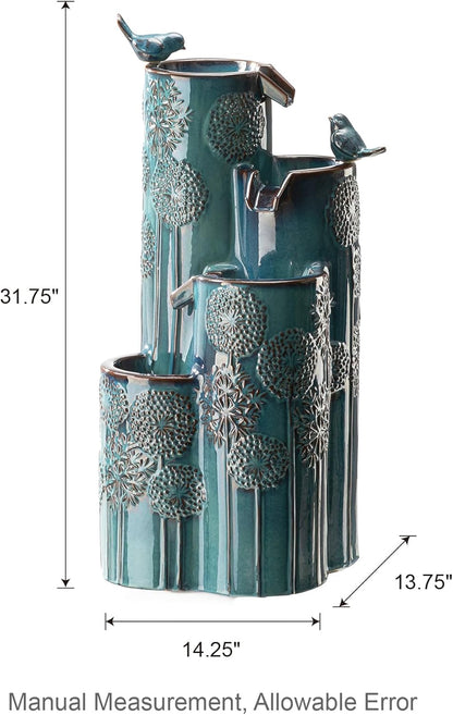 Glitzhome 31.75" H Outdoor Water Fountain with LED Lights and Pump, 4 Tier Dandelion Texture Vase Shaped Ceramic Floor Standing Fountain with Birds for Porch Deck Garden Patio Backyard, Turquoise