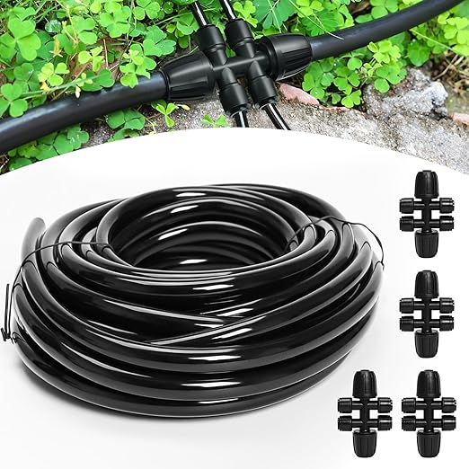 Bonviee 50FT 5/16" Drip Irrigation Tubing and 4 Packs 4-Way Quick Coupler, Push-to-Connect Fittings- DIY Garden Irrigation System, Misting, or Blank Distribution Tubing for Any Gardening Project
