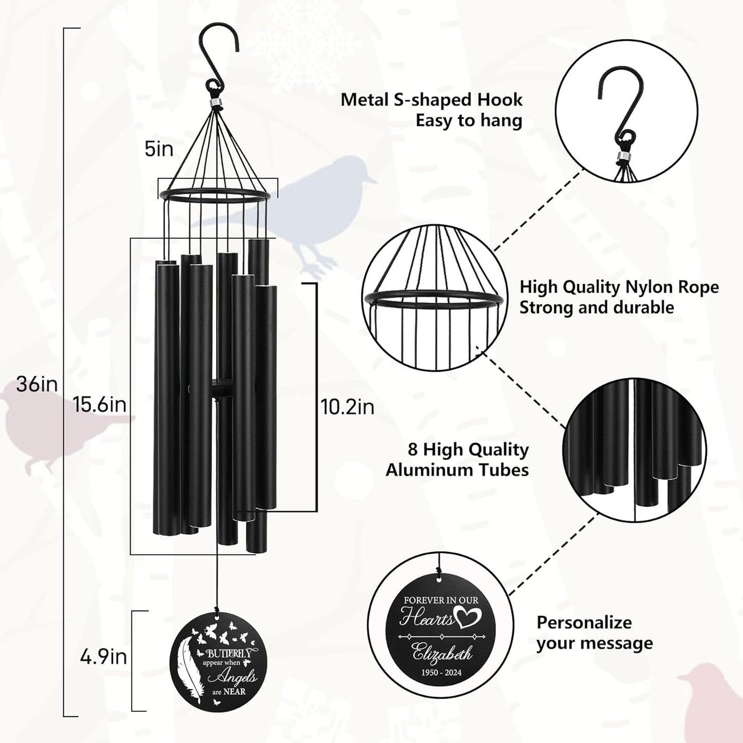 Personalized 36" Memorial Wind Chimes, Bereavement Gift to Honor a Loved One's Remembrance, Sympathy Gift for Loss of Mother Father Husband, for Outdoor Garden