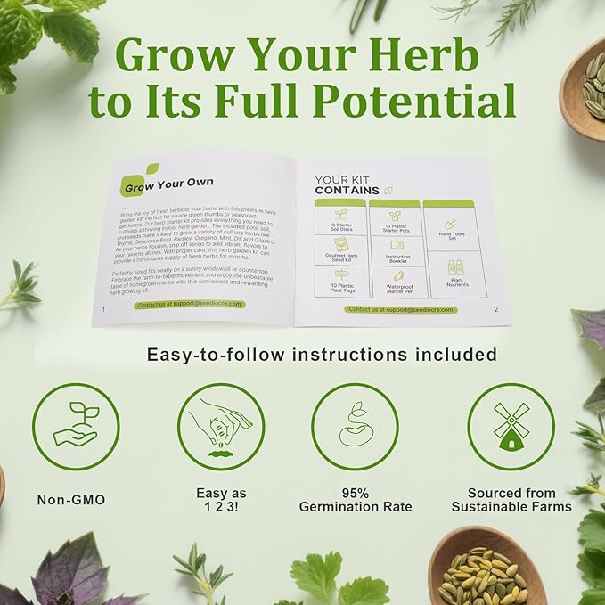 10-Set Indoor Herb Garden Starter Kit, 7 Seeds Growing into Basil, Parsley, Thyme, Mint, Cilantro, Dill, Oregano Including 10 White Pots, Markers, Nutritional Soil, Ideal Christmas Gifts for Women