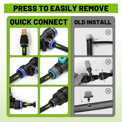 Drip Irrigation Kit - 100 FT. Hose Sprinkler System with 360° nozzles and T-connectors for Gardens, lawns, Plants, Flower beds, Trees, patios and hydroponics (Closeable nozzle-20)