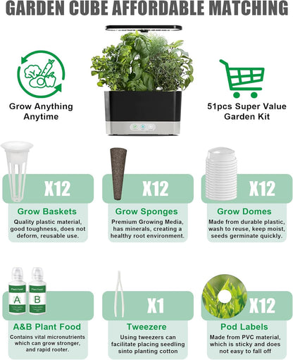 51Pcs Hydroponic Pods Kit: Compatible with Aerogarden Hydroponics Growing System Kit, 12 Grow Baskets, 12 Pod Labels, 12 Grow Domes, 12 Grow Sponges, with 200ml Plant Food Nutrient,1 Tweezers
