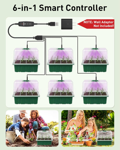 Pawfly 6 Pack Seed Starter Kit, 72 Cells, Seed Starter Trays with Adjustable Grow Lights & 3.9" Humidity Domes, Indoor Seedling Starter Trays, Reusable Plant Germination Trays, Seed Starting Trays