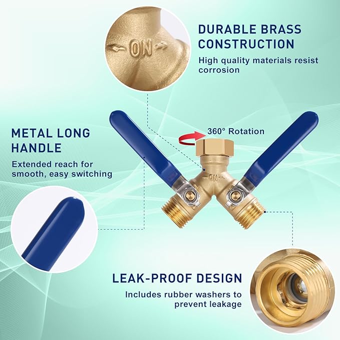 Dalmbox Garden Hose Splitter 2 Way With Long Handle, Garden Hose Adapter with 2 Pcs Garden Hose Coiled Spring Protectors and 6 Rubber Washers