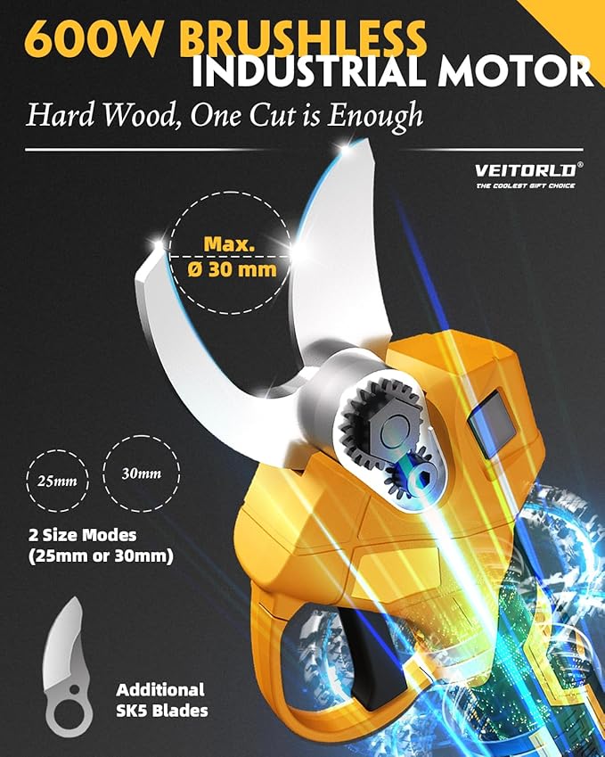 21V Electric Pruning Shears, Cutting Diameter 30mm 1.2" Efficiently Cordless Pruners with LCD Display, 2.0Ah Battery & SK5 Blade for Tree Gardening Branch Cutter, Gifts for Men Dad Him Christmas