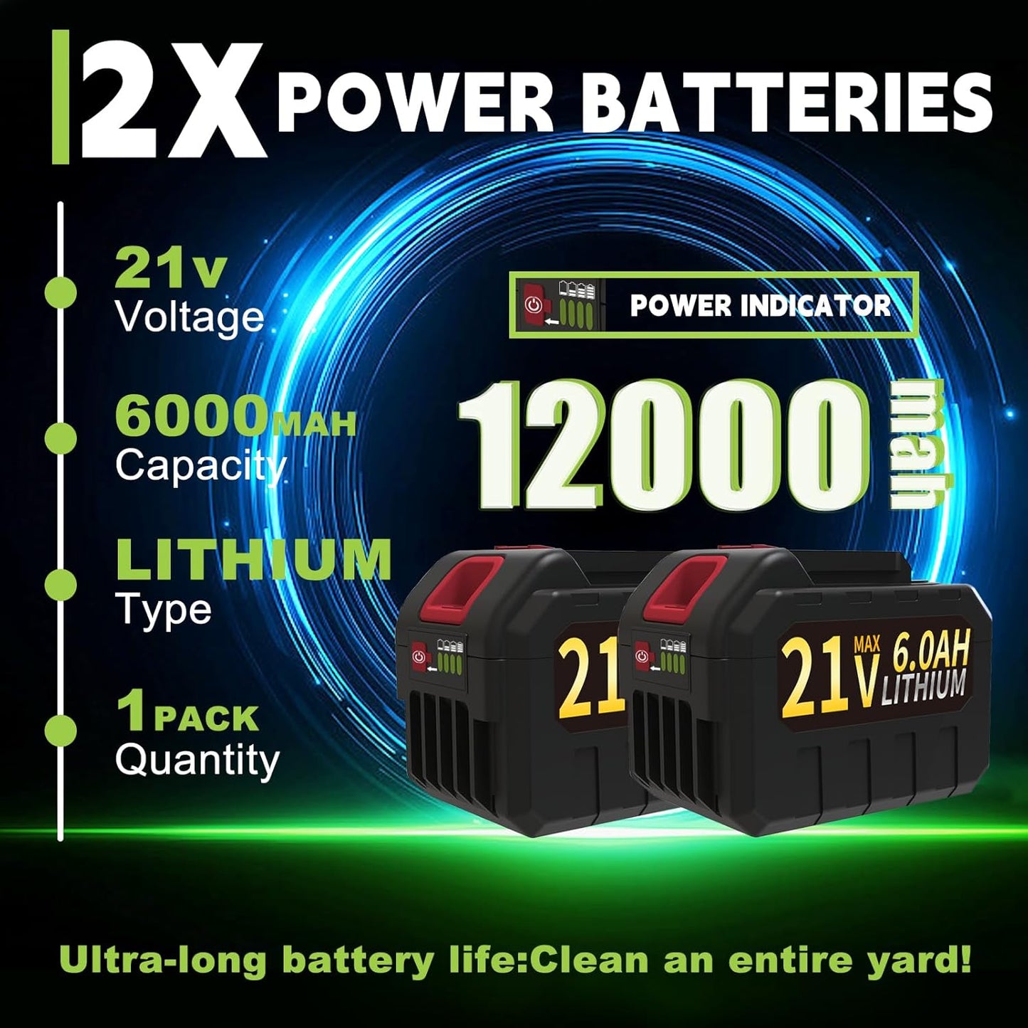 Leaf Blower Cordless Brushless with 6Ah Battery*2 and Charger, Strap, 21V Quiet 6-Speed Electric Leaf Blower with Display for Lawn Care, Leaves & Snow(Green)