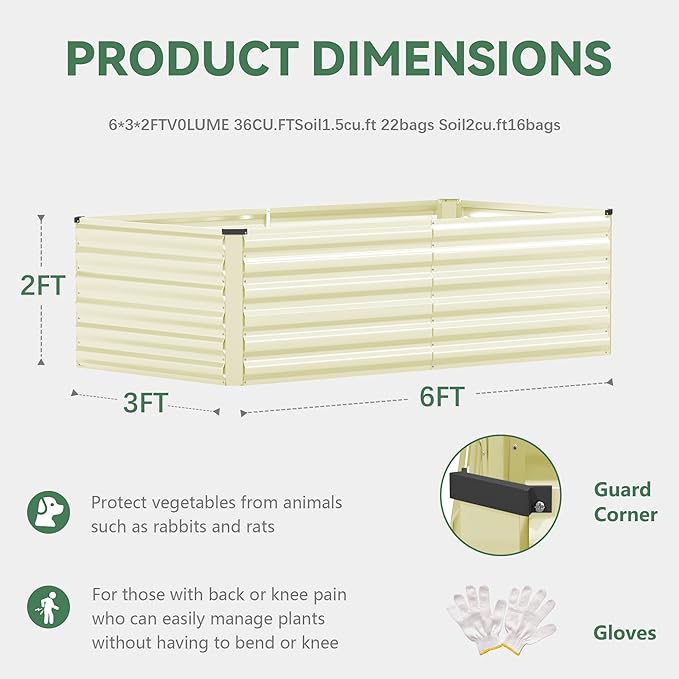 FOOWIN 2pcs 6x3x2ft Galvanized Raised Garden Bed, Planter Raised Garden Boxes Outdoor, Large Metal Raised Beds for Gardening, Garden Bed for Vegetables, Flowers, Herb, Cream Yellow