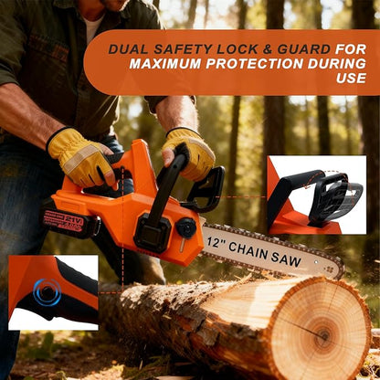 12-Inch Brushless Cordless Chainsaw, Electric Chainsaw with 49.6 FT/S Chain Speed & 42V (2 x 21V MAX) 4.0Ah Batteries with Power Display, Auto Oiling, Wood Cutting & Tree Trimming, Power Gift For Dad