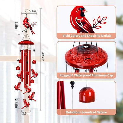 Cardinal Wind Chimes for Outside, Large Cardinal Garden Decor Bird Wind Chime, Memorial Cardinal Gifts for Women, 40" Outdoor Windchimes for Lawn, Porch, Patio, Yard, Christmas