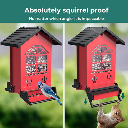 Squirrel Proof Bird Feeders for Outdoors Hanging, 5LBS Large Capacity, Metal Wild Seed Feeder with Bilateral Weight-Activated Perches, Anti Squirrel Birdfeeder for Outside Finch, Cardinal- Red