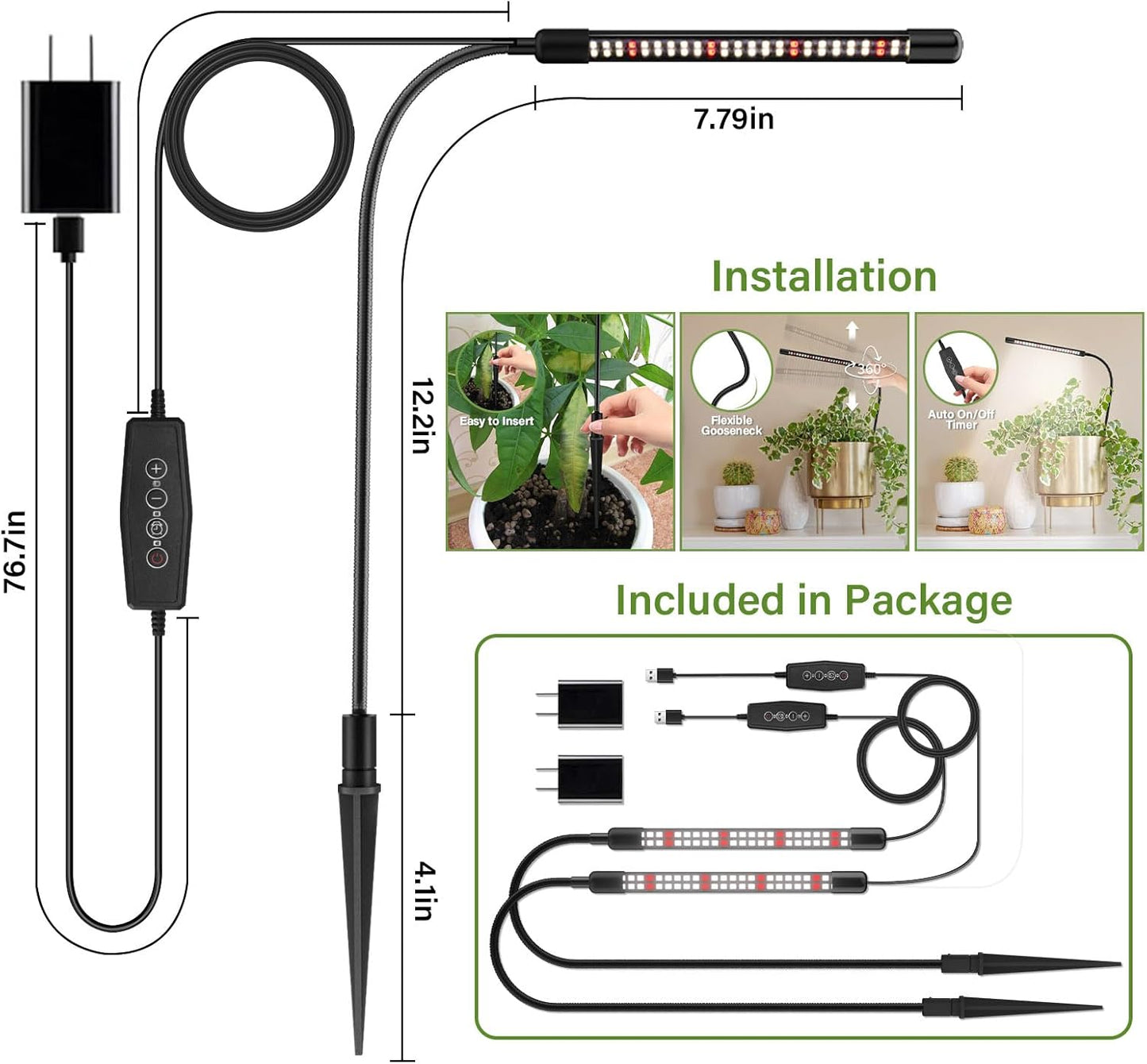 Grow Lights for Indoor Plants, 6000K Full Spectrum Plant Growth Light, Plant Lights for Indoor Growing 5 Level Dimmable & Auto Timer, Adjustable Gooseneck Grow Lamp 2 Pack