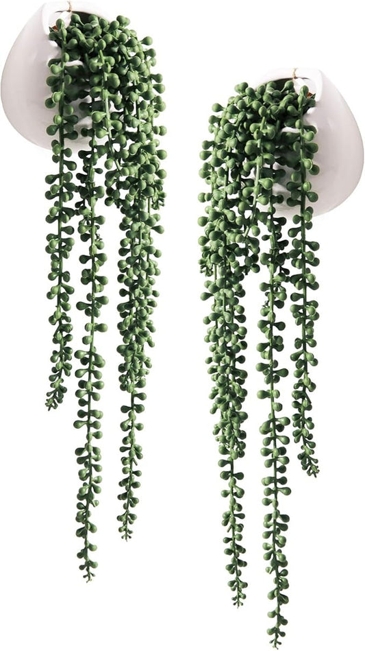 Tiita Artificial Succulents Hanging Plants, Faux String of Pearls Plants for Home Office Accessories Window Sill Bathroom Bedroom Fake in White Ceramic Pots, Set of 2