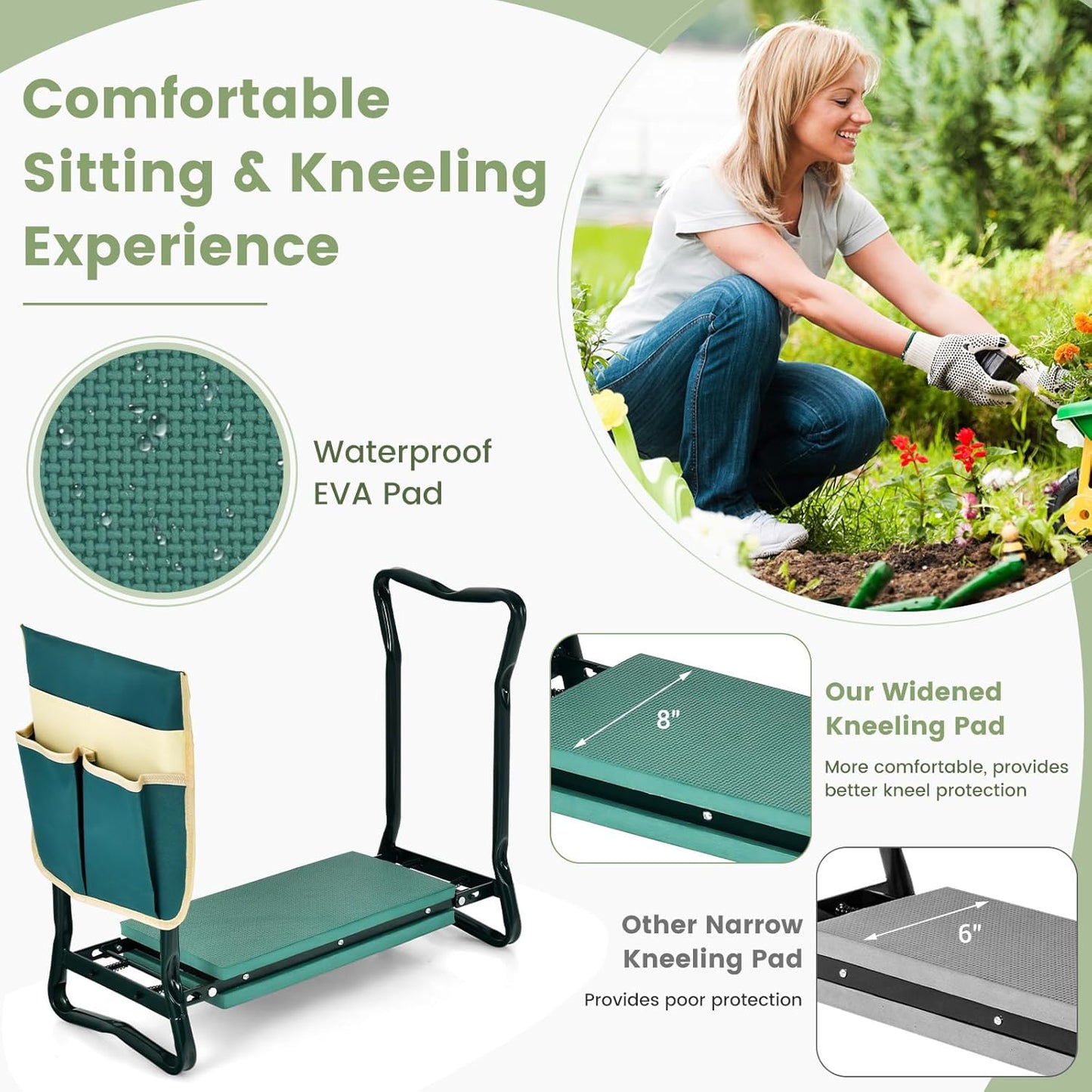 Goplus Garden Kneeler and Seat, Heavy-Duty Garden Bench w/Large Tool Pouch, Widen EVA Foam Kneeling Pad, Portable Gardening Gift for Women Men Seniors, Foldable Garden Stool for Kneeling & Sitting