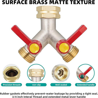2 Way Hose Splitter, Brass High Flow Garden Hose Splitter Heavy Duty, Hose Connector, Water Spigot Splitter, Full Flow Faucet Splitter with shutoff, 3/4” GHT Inlet