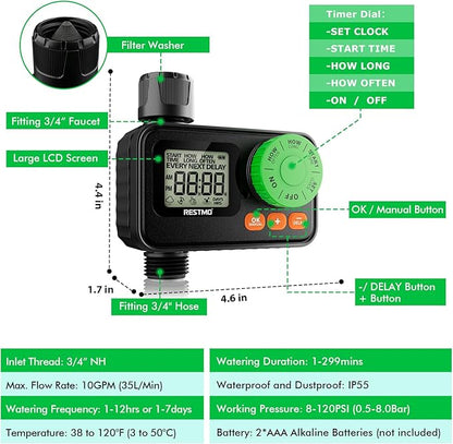 RESTMO Sprinkler Timer, Programmable Water Timer for Garden Hose, Automatic Control | Manual ON/Off | Rain Delay for Outdoor Faucet, Drip Irrigation and Lawn Watering System