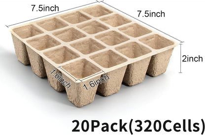 SYITCUN 320 Cells Seed Starter Tray, 20 Pack Biodegradable Seed Starter Kit, Peat Pots for Seedlings with 200 Plant Labels, 2 Seed Planting Tool and 1 Spray Bottle
