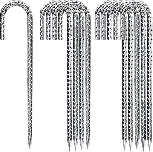 J Hook Rebar Stakes 12 Inch, Ground Stakes for Camping Tent Heavy Duty 10 Pack Rust Proof Coated Metal for Flower Gardens Landscape Fabric Pins Dog Fence