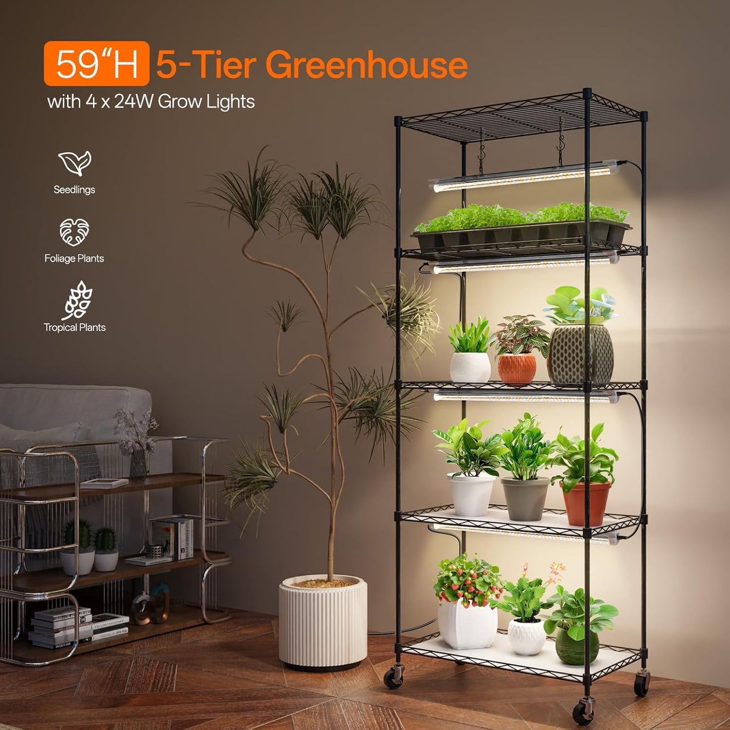 Bstrip Plant Shelf with Grow Light with Timer, Metal Plant Stand with Adjustable Rack and Wheels, 4 Pack T8 Full Spectrum Grow Light Strip for Indoor Plants, Seed Starting, Seed Tray, 23.5"x13.8"x59"