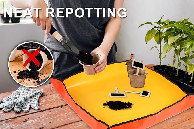 30" X 30" Large Plant Repotting Mat for Indoor Plants Potting Soil, Foldable Waterproof Plant Repotting/Potting Tray, Portable Potting Mat Gardening Tray for House Plants (Medium 30 X 30" (Orange))