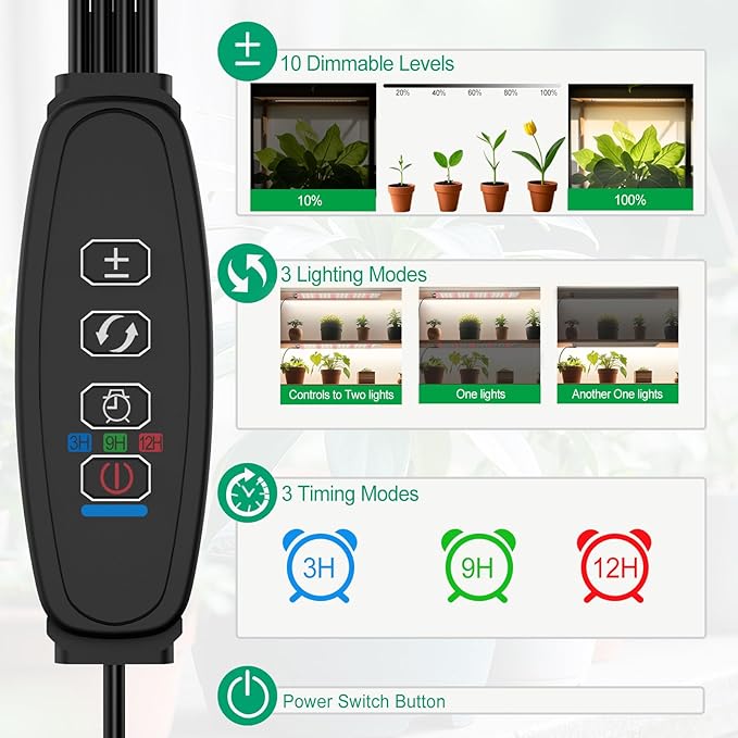 TONYFUL LED Grow Lights, 180 LEDs Plant Lights for Indoor Growing, 24W Premium Full Spectrum Grow Light with 3/9/12H Timer, 10 Dimmable Levels - Ideal for Indoor Growing (2Pcs)