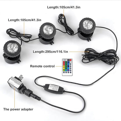 RGB Pond Lights with Timer, LED Underwater Submersible Colorful Landscape Spotlights, 98ft Remote Control IP68 Waterproof Fountain Lights for Fish Aquarium Tank Garden Yard Pool (Set of 3)