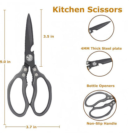 Heavy Duty Sharp Kitchen Scissors - Dishwasher Safe Black Cooking Shears for Meat, Chicken, Fish, Poultry, Herb, Bread (All Black)