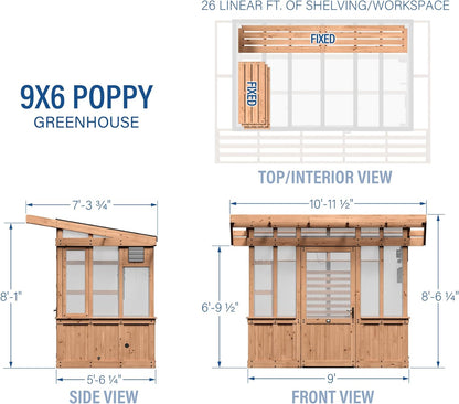 Backyard Discovery Poppy 9' x 6' Cedar Wood and Polycarbonate Walk-in Greenhouse Kit with Exhaust Fan, Windows, Hose Hook-Ups, PowerPort, Staging Shelves, Plant Hooks for Year-Round Outdoor Gardening