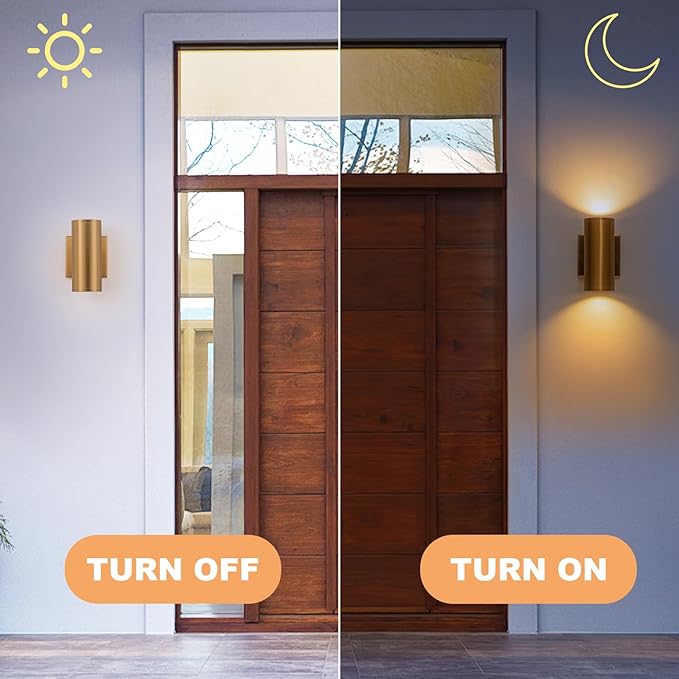 Modern Outdoor Wall Light 2 Packs Up and Down Lights, 7" Gold Exterior Light Fixture for House Porch Patio Garage