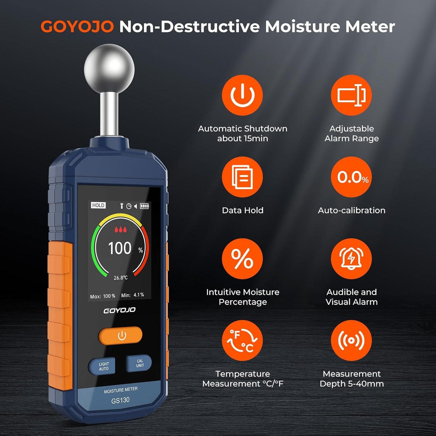 Pinless Wood Moisture Meter for Walls & Drywall | Digital Moisture Detector, Concrete Moisture Meter & Firewood Reader | GS130 USB-C Rechargeable Humidity Tester