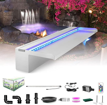 LONGRUN Pool Fountain Stainless Steel Outdoor Pond Spillway Waterfall with Wider Water Flow Platform Multi-Color LED Light Spray Indoor Waterfall Fountains for Garden-23.6" x 8" x 3.94"(W x D x H)