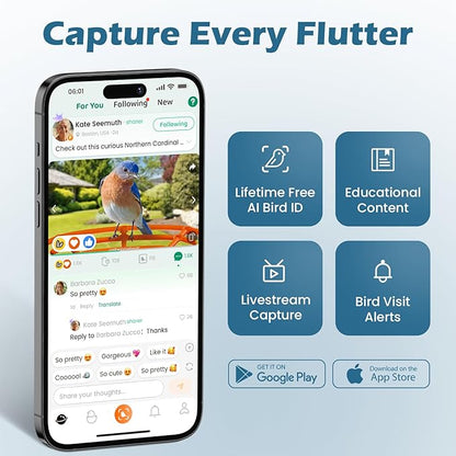 Smart Bird Feeder with Camera, 2K HD Birdwatching Camera with AI Identify Bird Species & Solar Panel, Auto Video Capture & Instant Notifications, Ideal Gifts for Lover, Deep Blue