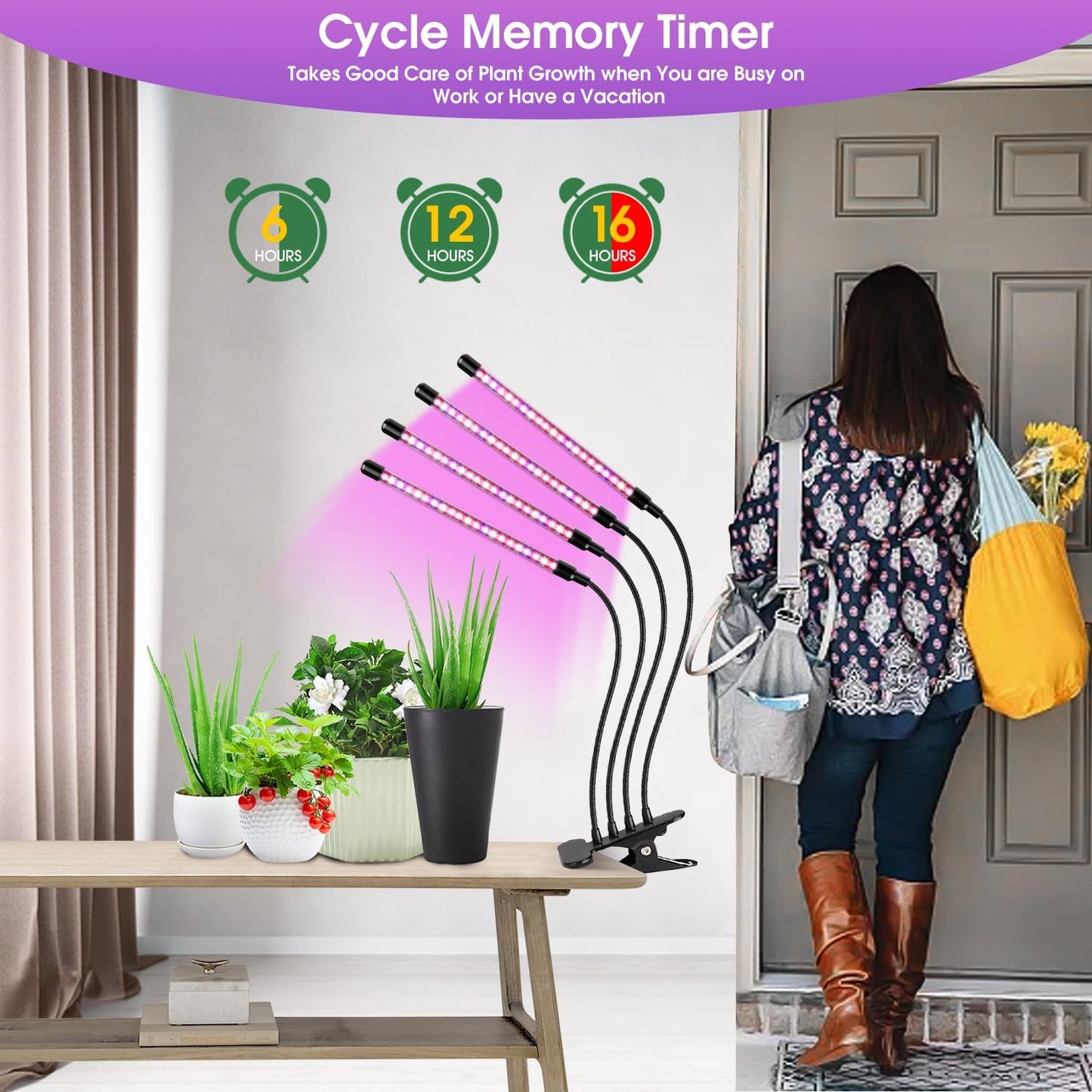 Wolezek Grow Lights for Indoor Plants, 80 LEDs 4 Heads Full Spectrum Red & Blue Plant Light with Clip, Grow Lamp with 6/12/16H Auto Timer, 3 Switch Modes for Seedlings and Succulents