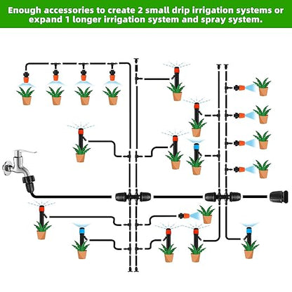 240FT DIY Automatic Drip Irrigation System Kits for Garden Plant Watering Misting System for Greenhouse Patio Lawn with Adjustable Drip Emitters 5/16" and 1/4" Irrigation Tubing Connectors Fittings
