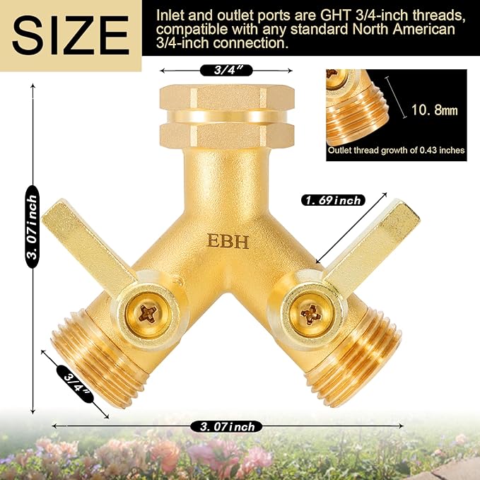 EBH Garden Hose Splitter, 2 Way Heavy Duty Hose Splitter with Shutoff Valves, Outdoor Faucet Y Spigot Adapter, 3/4" GHT Thread And Extra Long Metal Handle.