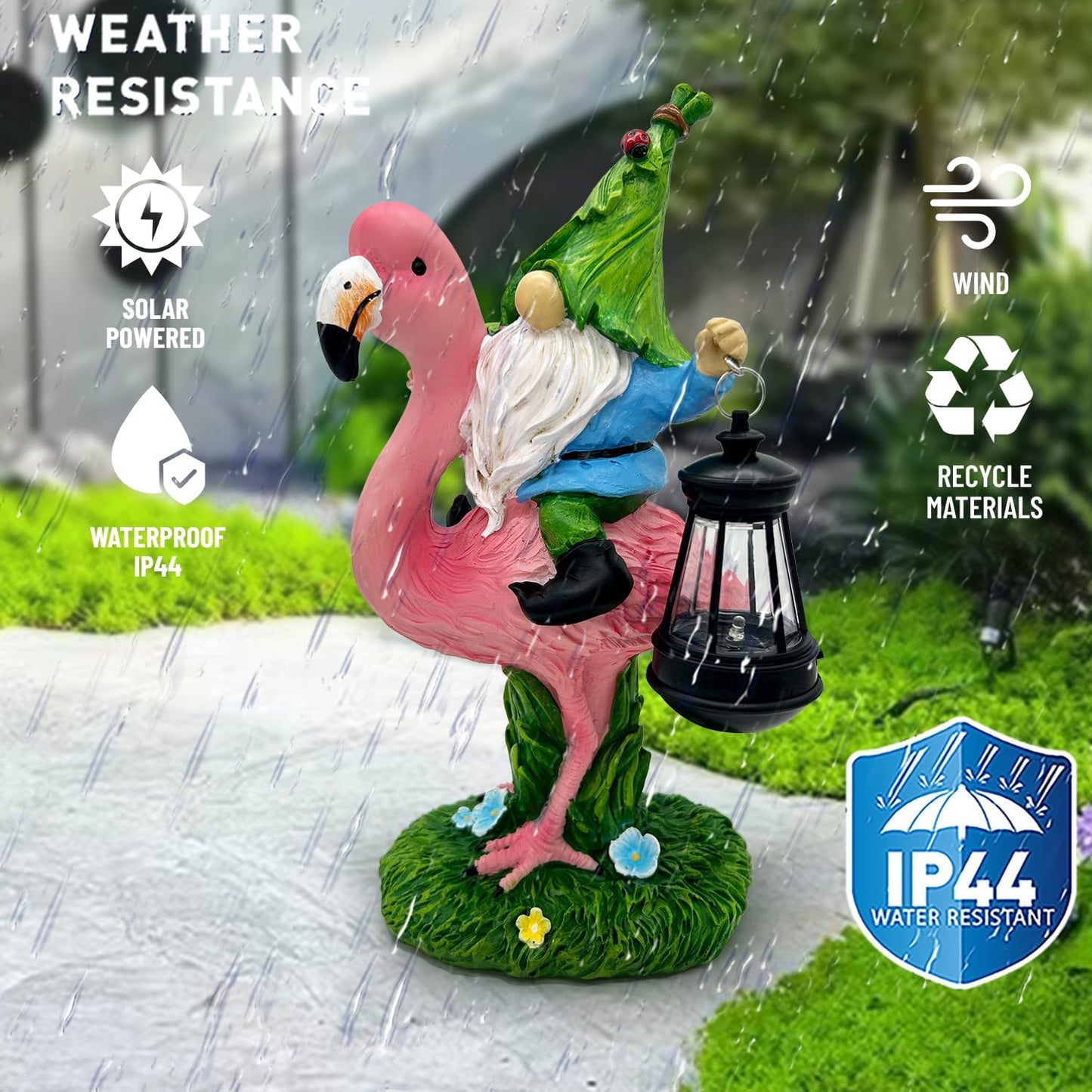 Gnomes Flamingo with Solar Lantern, Whimsical Decor for Garden, Yard, Patio, Lawn, LED Lights - Unique Gift for Women, Mom, Friends(Blue Gnomes)